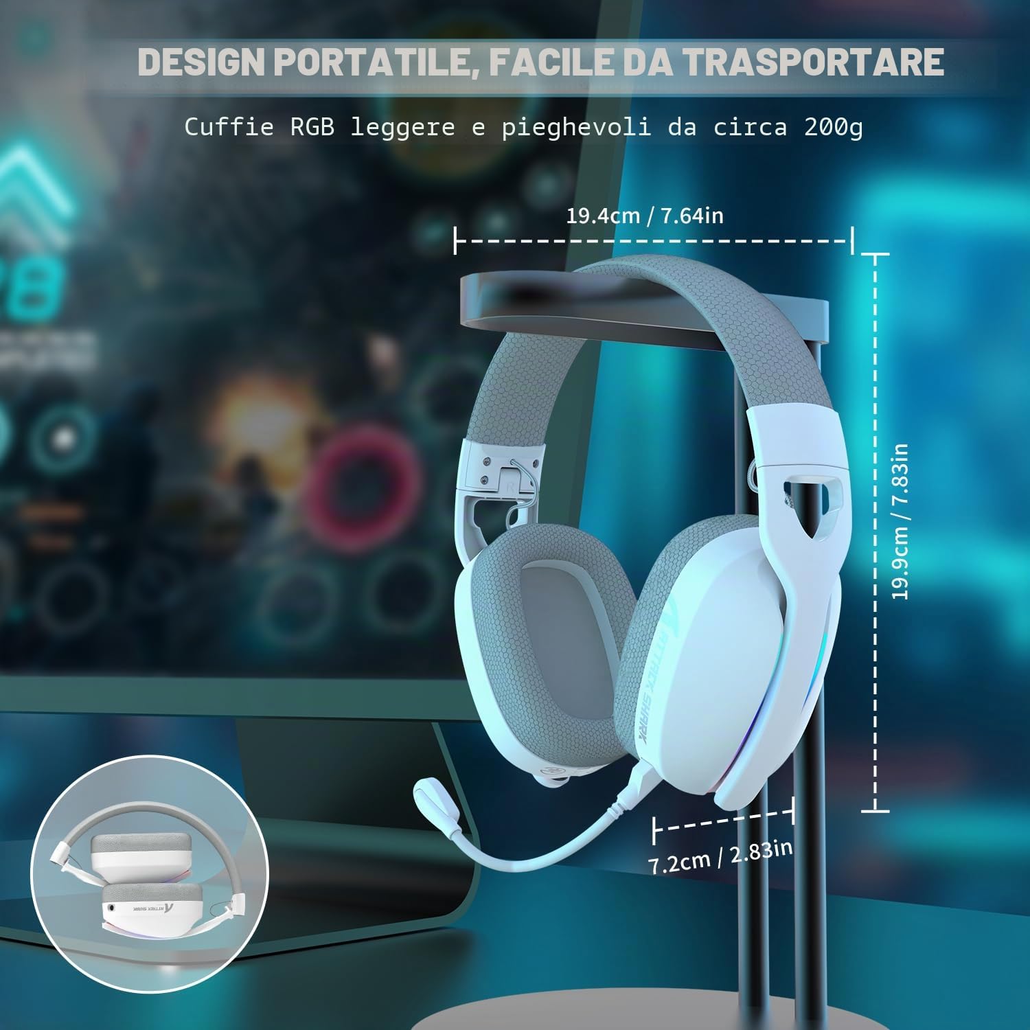 MAMBASNAKE x ATTACK SHARK L90 Cuffie da gioco wireless ultraleggere e galleggianti, suono surround 7.1, BT5.3/2.4Ghz/cablate, RGB, driver al neodimio da 40 mm, per PC/PS4/PS5/Switch/Xbox-Bianco