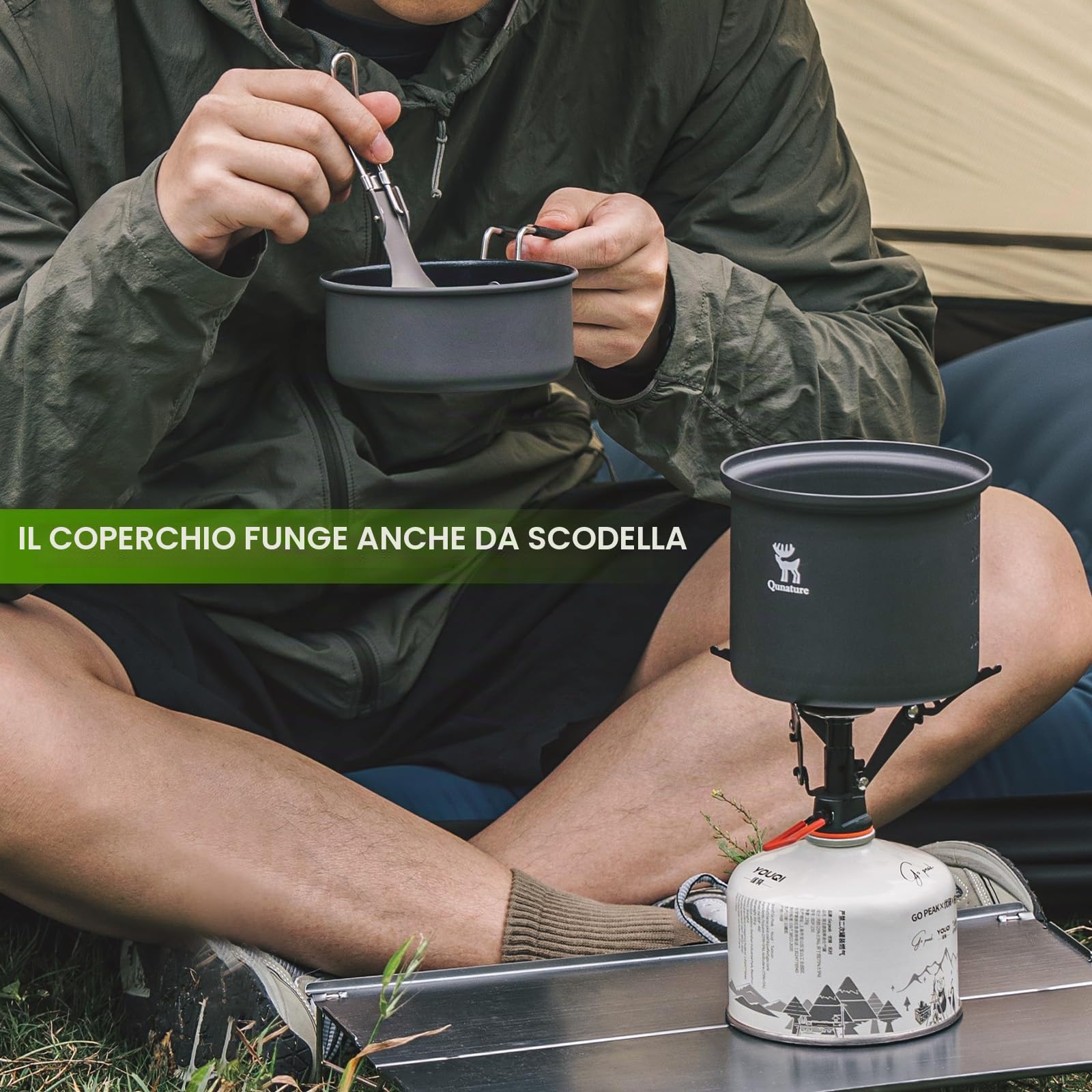 Set di Pentole da Campeggio 1,1L, Gavetta Campeggio Fornello da Picnic con Posate e Manico Pieghevole Portatile, Antiscottatura e Antiruggine, per Viaggiare Trekking Escursionismo