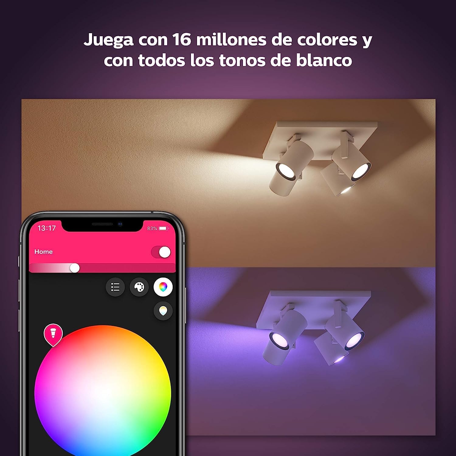 Philips Hue - Lámpara LED inteligente Philips Hue Argenta, 5.7W-350 lúmens, Luz Blanca y de Colores, Compatible con Alexa y Google Home, 4 Focos LED, Blanco