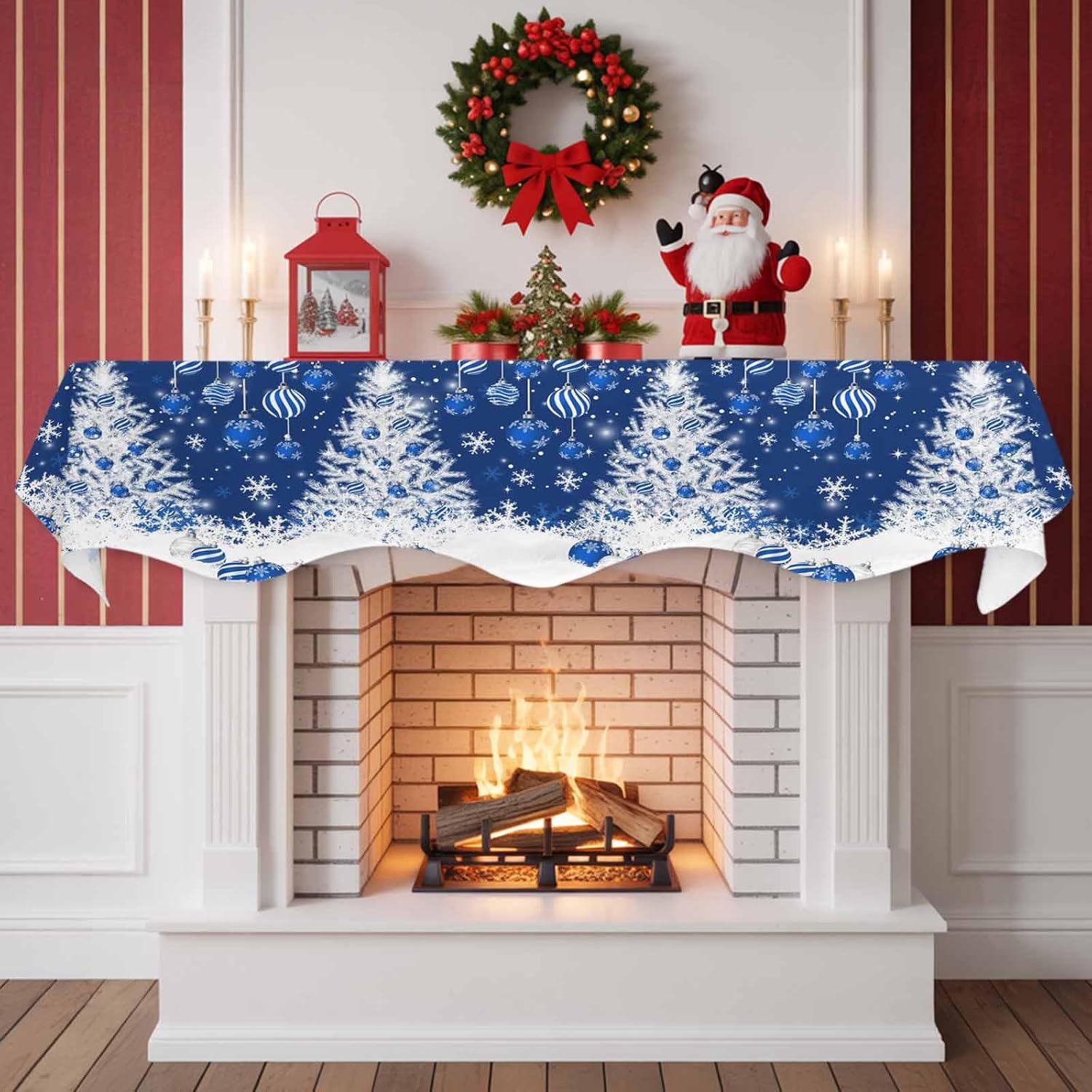 T&H XHome Christmas Mantel Scarf - Modern Fireplace Table Runner Christmas Xmas Tree Winter Blue Christmas Ball Snowflake Tabletop Scarf for Fireplace Top Runner Window Protector Decor 70"x17"
