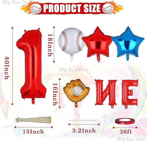 Miniatura 3 de Novato del año 1er cumpleaños decoraciones de béisbol papel de aluminio rojo número 1 globos conjunto de un primer cumpleaños suministros para