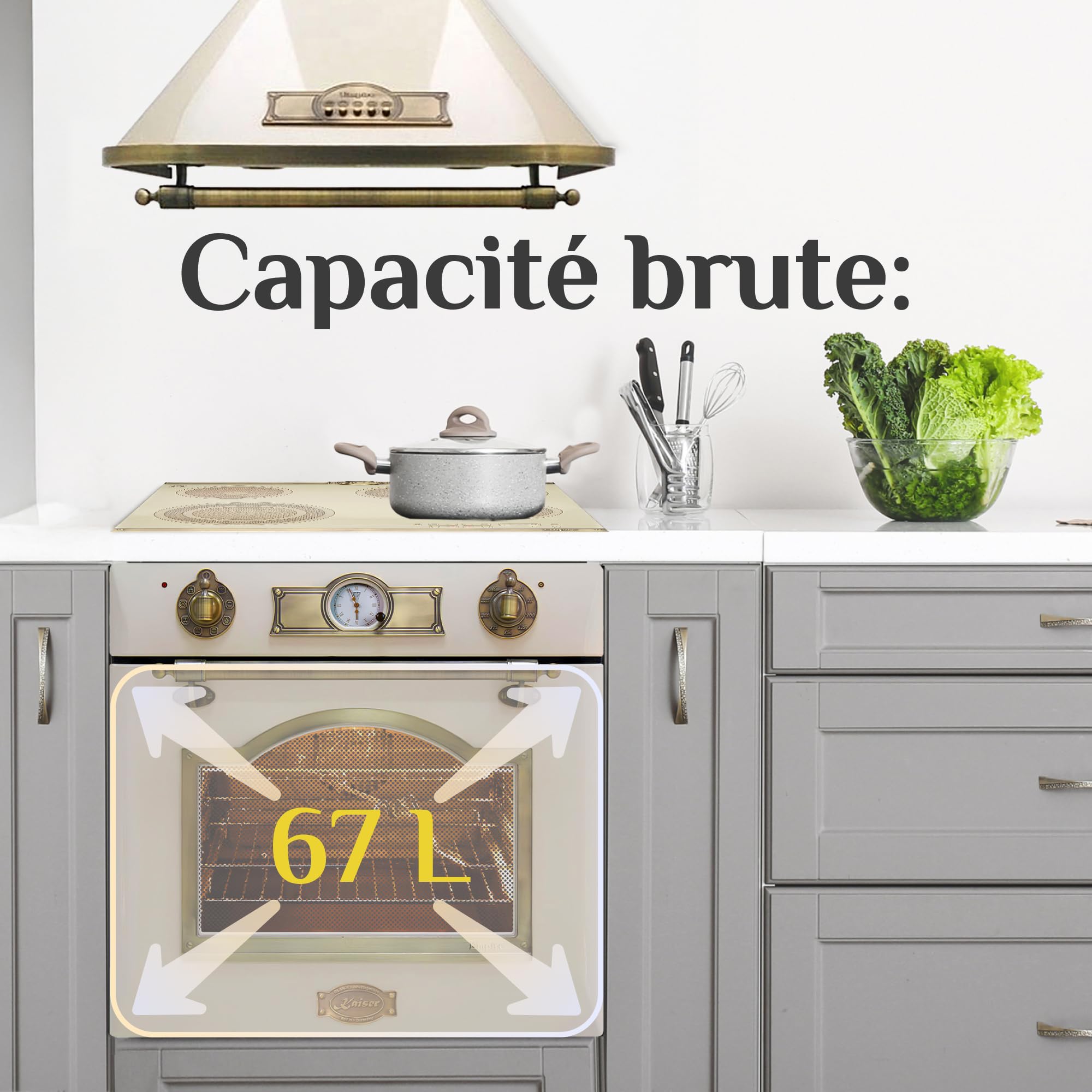 Four encastrable Kaiser EH 6355 Em 60 cm ivoire · 67 L · Four électrique multifonction 8 modes · Air chaud · Gril infrarouge · Autonettoyage catalytique · Classe A · Émail noir & verre