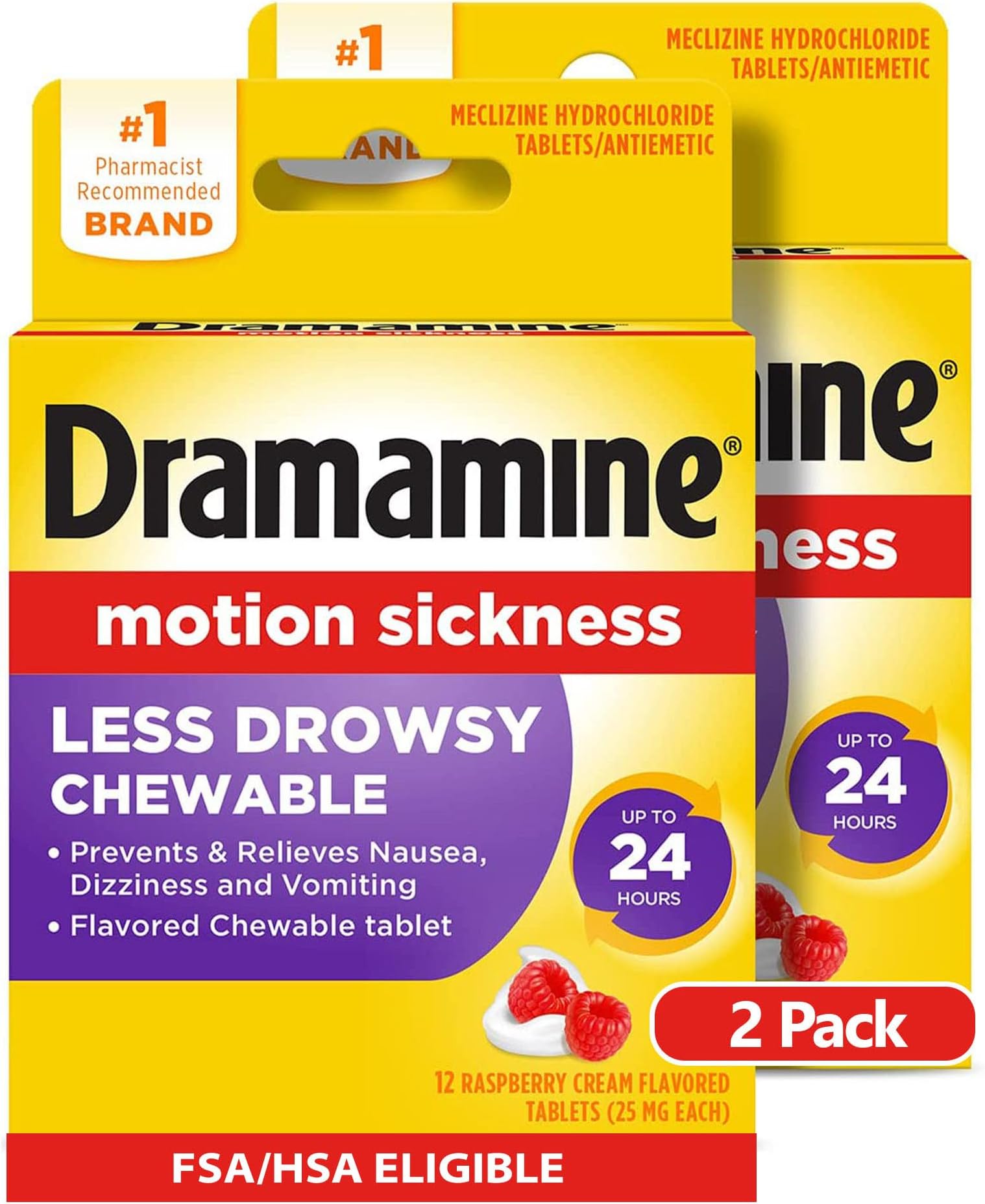 All Day Less Drowsy Motion Sickness Relief, Raspberry Cream Flavor, 12 Chewable Tablets, Pack of 2