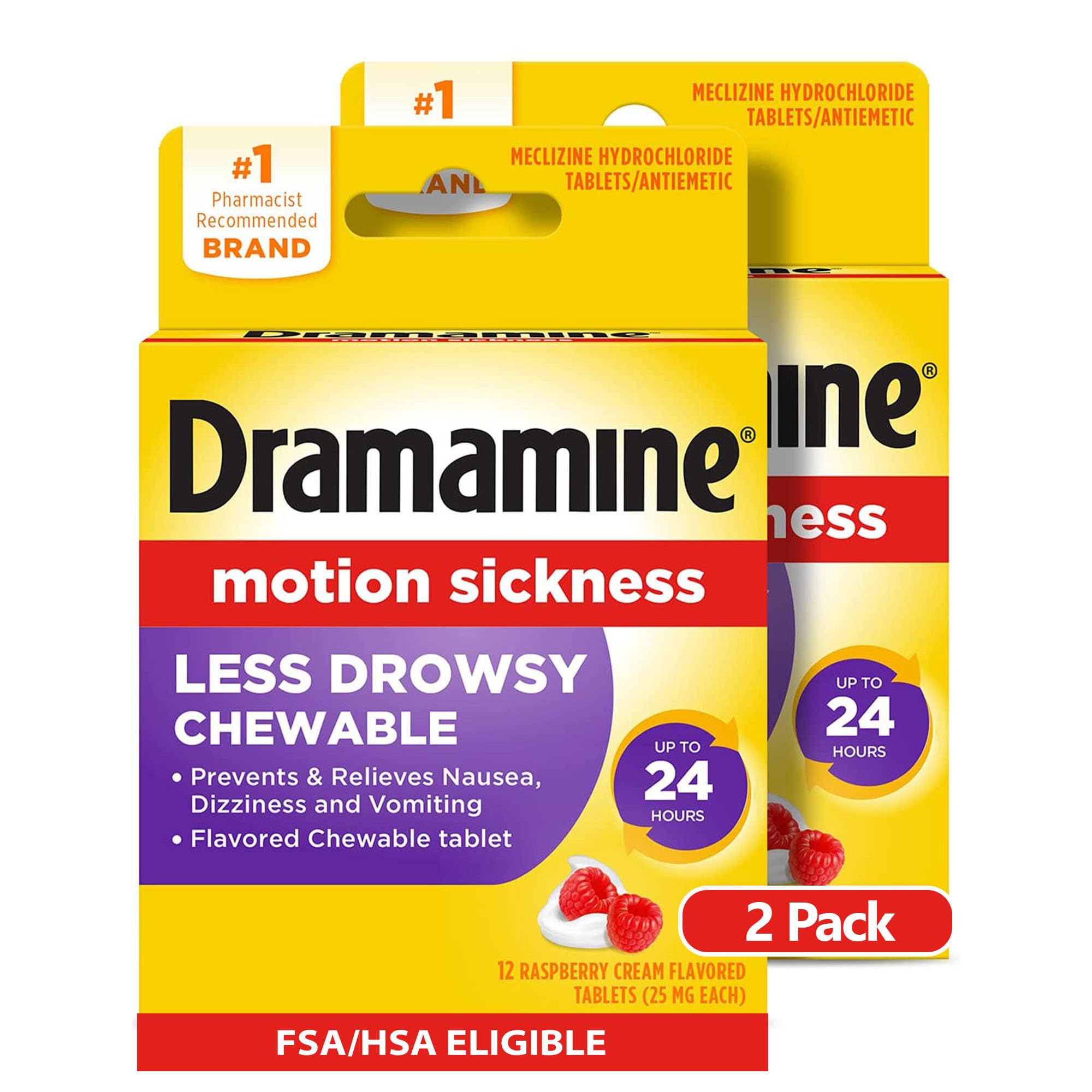 Chewable Less Drowsy, Motion Sickness Relief, Raspberry Cream Flavor, 12 Count, 2 Pack