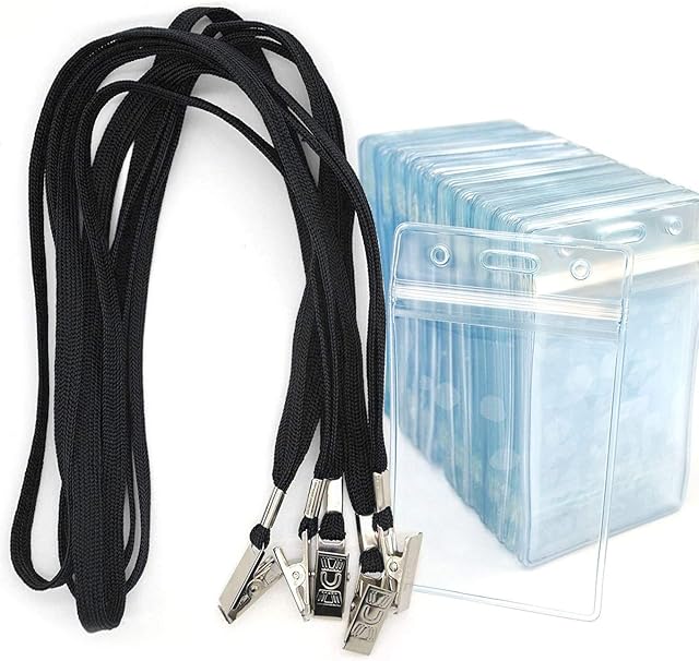 Bird Fiy 50 Pack Lanyards with Bulldog Clip and 50 Pack Waterproof Clear Plastic Vertical Name Tag Badge ID Card Holders(Black)