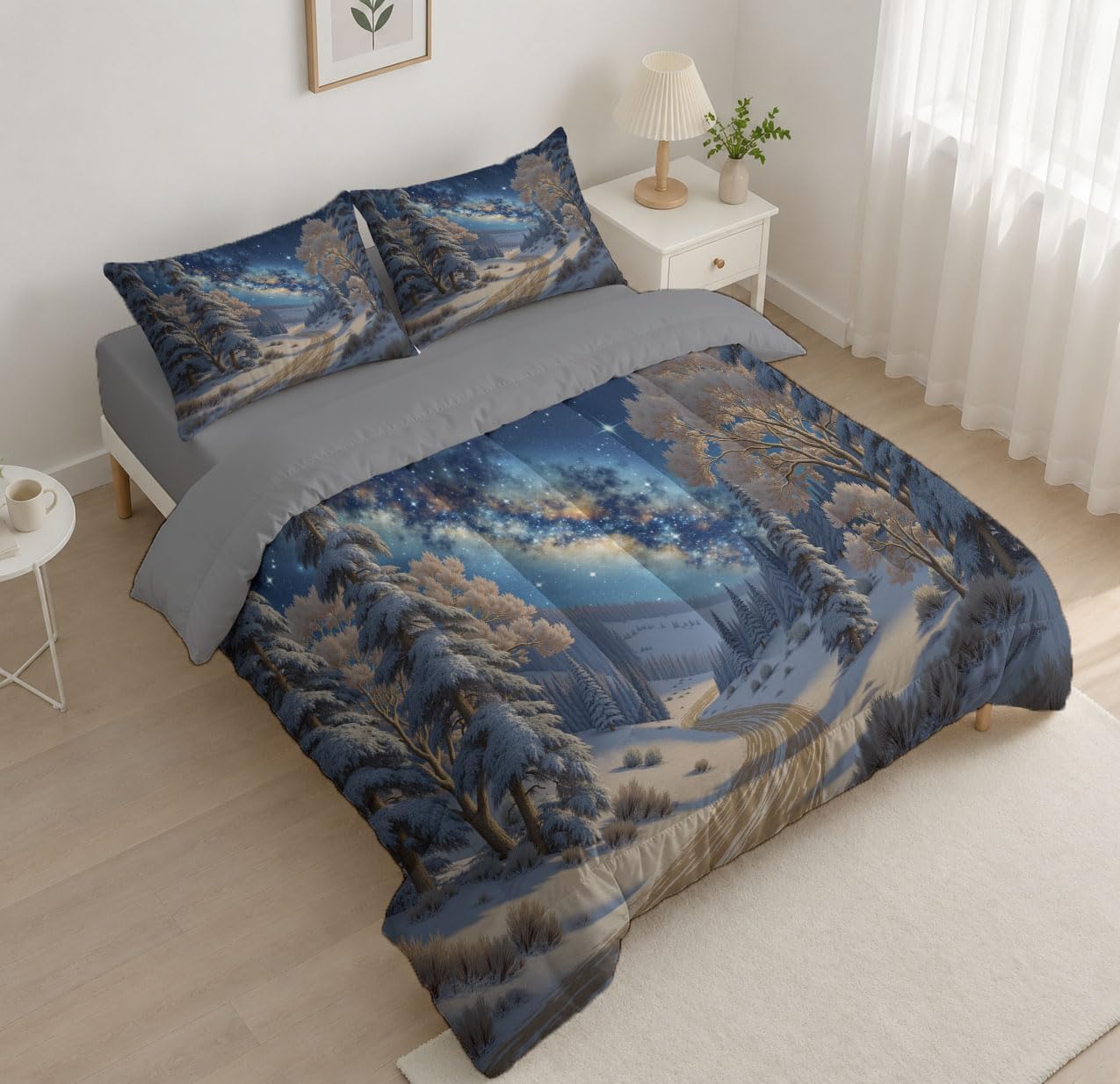 3 Piece Quilts King Size Bedding Set, Blue-Gray Lightweight Bedspread, Soft Microfiber, Snow Forest Pattern for All Season Bed Coverlet with 2 Pillow Shams, 104"X90"