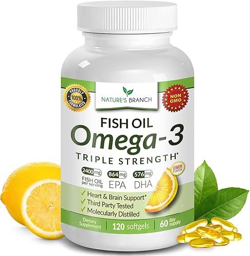 Miniatura 1 de Las mejores píldoras de aceite de pescado Omega 3 de triple fuerza 2400 mg de sabor a limón sin burbujas de alta potencia 864 mg de EPA 576 mg DHA