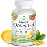 Best Triple Strength Omega 3 Fish Oil Pills 2400mg | 120 Capsules | Burpless High Potency Lemon Flavor | 864mg EPA 576mg DHA Ultra Pure Liquid Softgels | Brain Joints Eyes Hair Heart Health Supplement