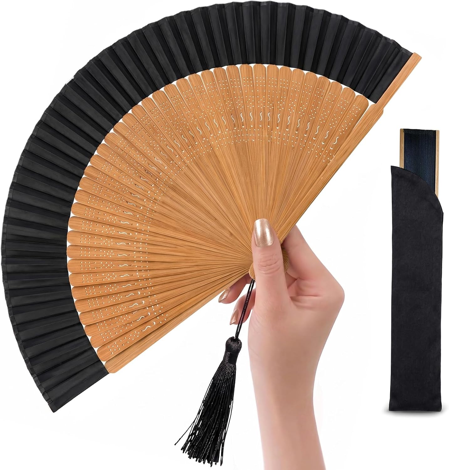 Japanese Folding Hand Fan for Women - Bamboo Silk Handheld Foldable Fan with Tassel & Pouch for Hot Flashes, Rave, Church, Gift,Wedding - Whisper-Quiet, Purse Size (Bamboo Black)
