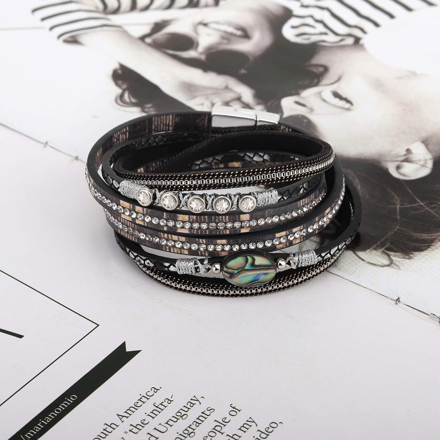 Emibele Layered Leather Bracelet, Rivet Leopard Print Bohemian Style Multilayer Wrap Bracelet, Handmade Agate Amethyst Chakra Crystal Glass Beaded Shell Bracelet for Women - Image 4