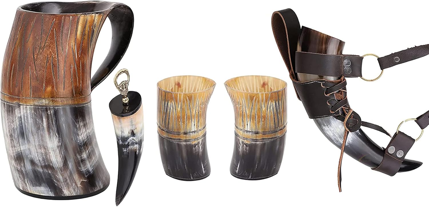 Viking Drinking Horn Mug Set | Handmade Medieval Beer Mug & Cups | Carved Natural Horn Tankard with Leather Holster | Leak-Proof Ale Coffee Tea Cup Rustic Barware