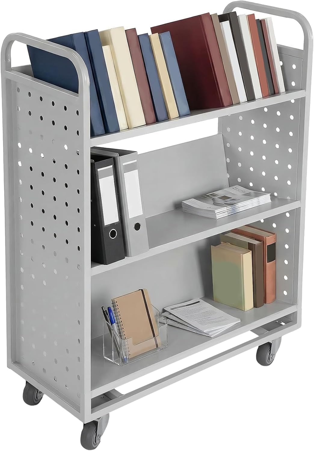 Rolling Book Cart Slanted Single Sided Archive Storage Cart with Swivel Lockable Casters for Libraries Offices Home Shelves and Schools (V)