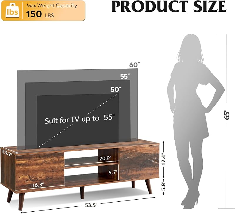 WLIVE TV Stand for 55 60 Inch TV, Mid Century Modern, Retro Brown image 3