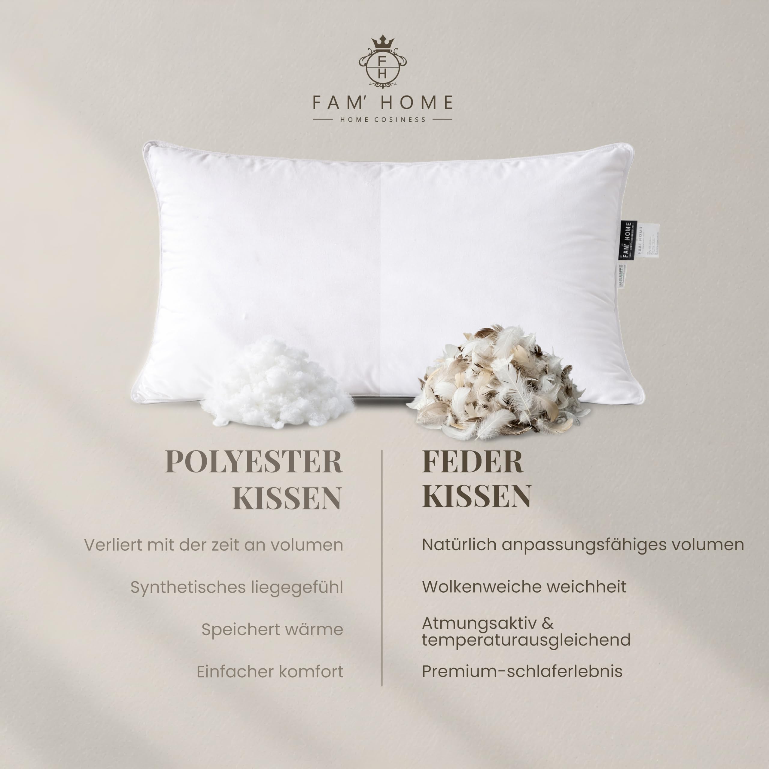 FAM' Home Federkopfkissen 50x70 cm – Federkissen mit 100% Entenfedern | NATÜRLICHER KOMFORT: 100% Entenfedern für Stützkraft, atmungsaktiver Bezug, bei 30°C waschbar & Öko-Tex zertifiziert.