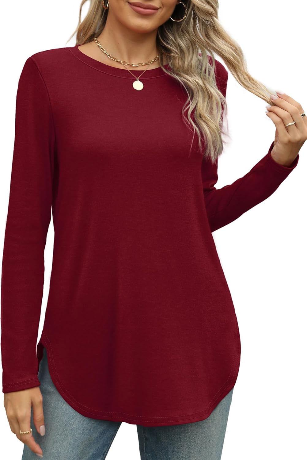 XIEERDUO Womens Long Sleeve Round Neck Shirts Side Split Basic Loose Tunic Tops Casual 2025 - Image 2