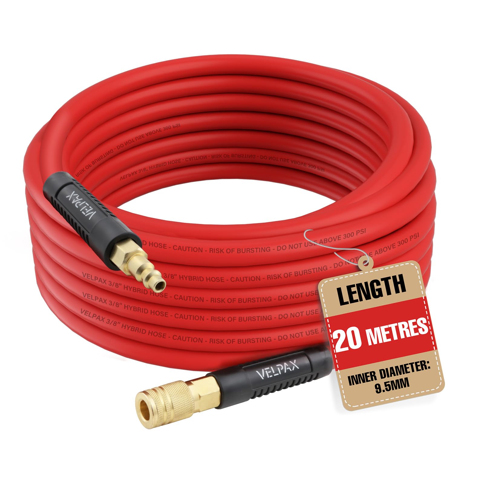 Velpax Red Hybrid Air Hose, 9.5Mm I.d. X 15Mm O.d. By 20M, 300 Psi Working Pressure, Pvc & Brass Hybrid Construction With Bend Restrictors On Both Ends And 1/4" Bsp Brass Fittings (Red)