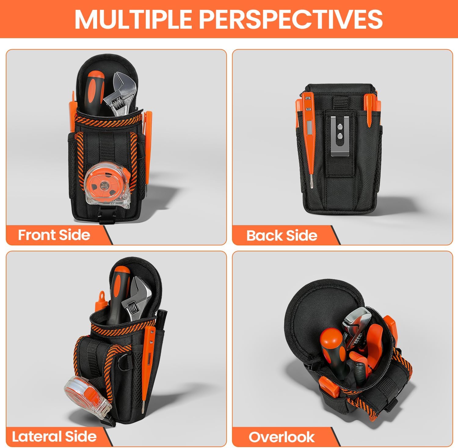 Tool Belt Pouch, Heavy Duty Utility Holder with Mesh Pocket, Black and Orange - Image 6