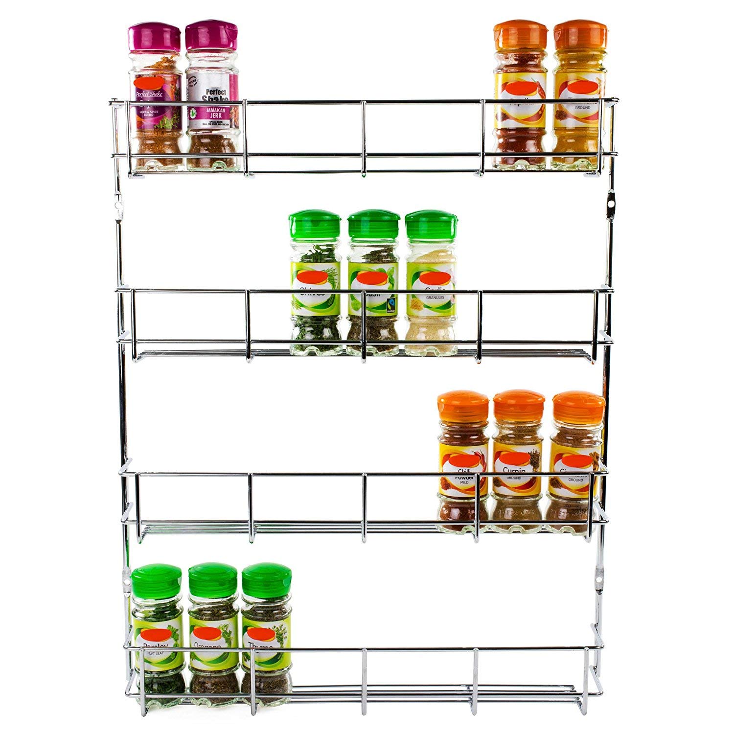GLOW Wholesale Chrome 4 Tier Spice Rack - Wall Mounted Home Kitchen Space Saving Storage Solution Holder and Organiser Neatly Stores and Organises Herbs and Spices Jars Packets and Bottles