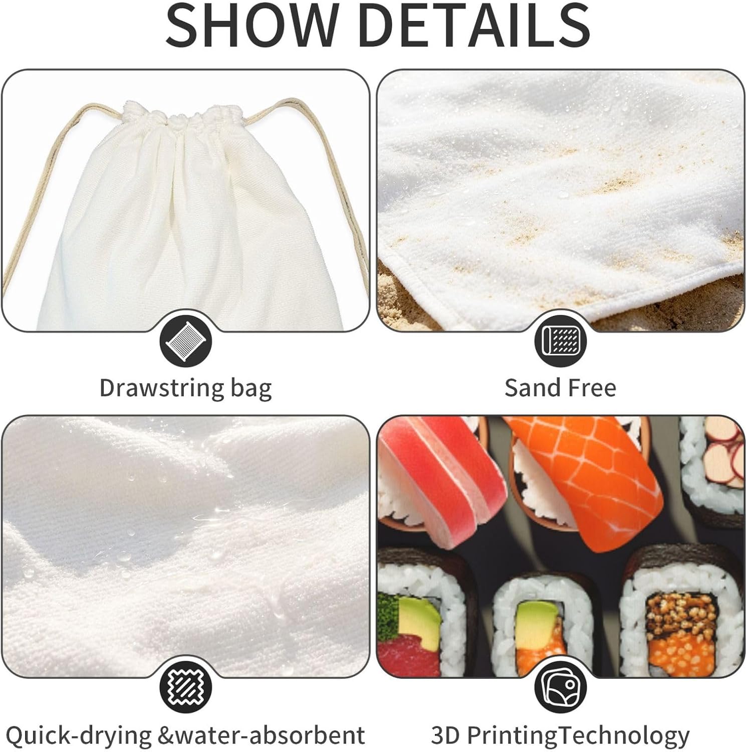 2 in 1 Packable Towel Bag,Soft Absorbent Pool Towels Backpack Quick Dry Lightweight Beach Towels Many Sushi Food Drawstring Bag for Travel Camping Sports Picnic image 4