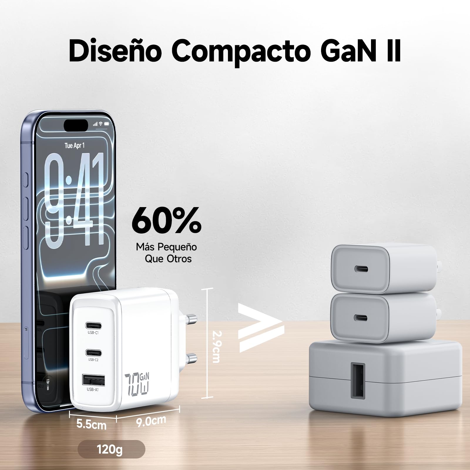 Cargador USB C 70W, Carga Ultra Rápida 3 Puertos PD3.0 PPS GAN II | con Cable Trenzado 2M, Compatible para MacBook Pro/Air, para iPhone 17/16/15, para Galaxy S26/25,para iPad, Pixel