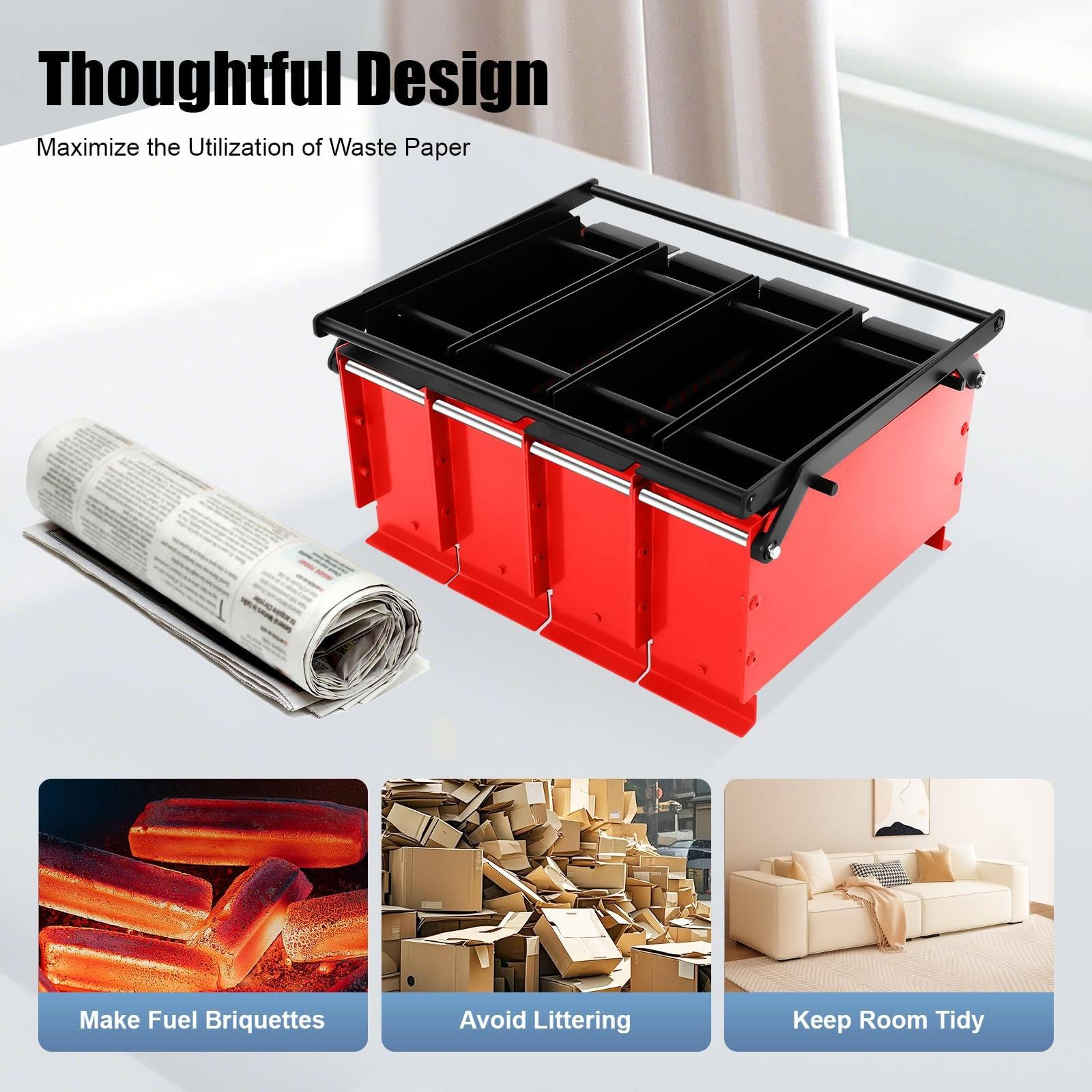 Briquetas, 4 compartimentos para hacer troncos de papel para hacer ladrillos refractarios, ideal para calefacción interior y exterior, herramienta de jardín en casa
