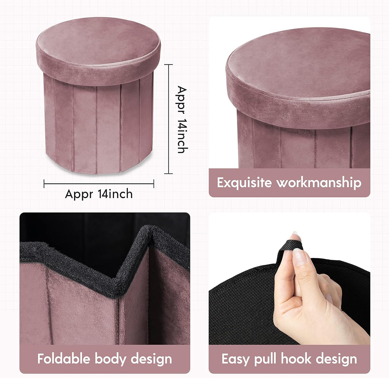 Phantoscope Storage Ottoman Round15 Inch, Velvet Folding Storage Boxes Footrest Foot Ottoman Toy Box, Padded Seat for Dorm Living Room Bedroom, Support 220lbs Purple