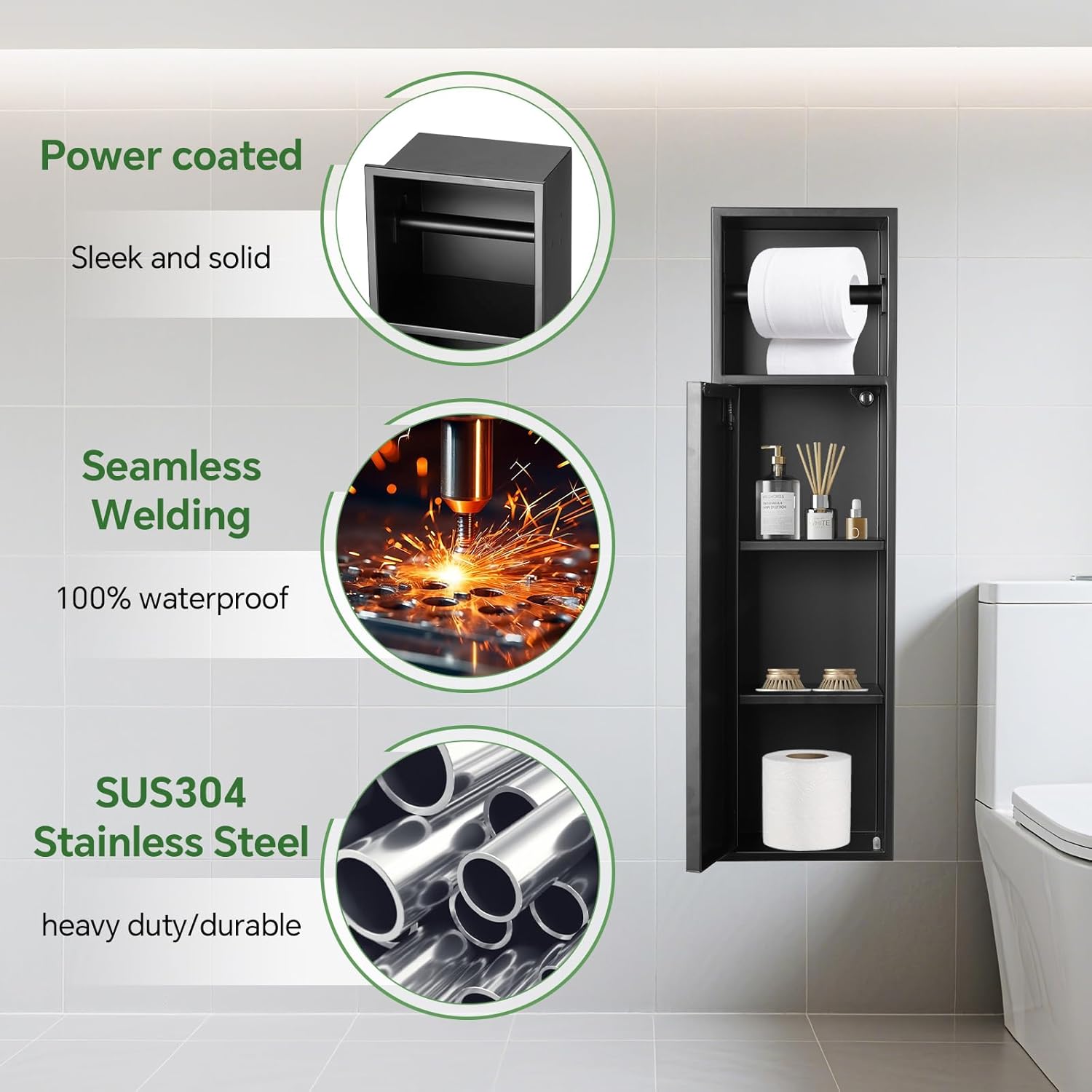Toilet Paper Holder, Stainless Steel Wall Inserted Tissue Holder Plus Three Tiers Storage, 6 * 24 * 4.94inches(L*W*D), Save Space, Waterproof, Solid and Modern Partner for Small Bathroom
