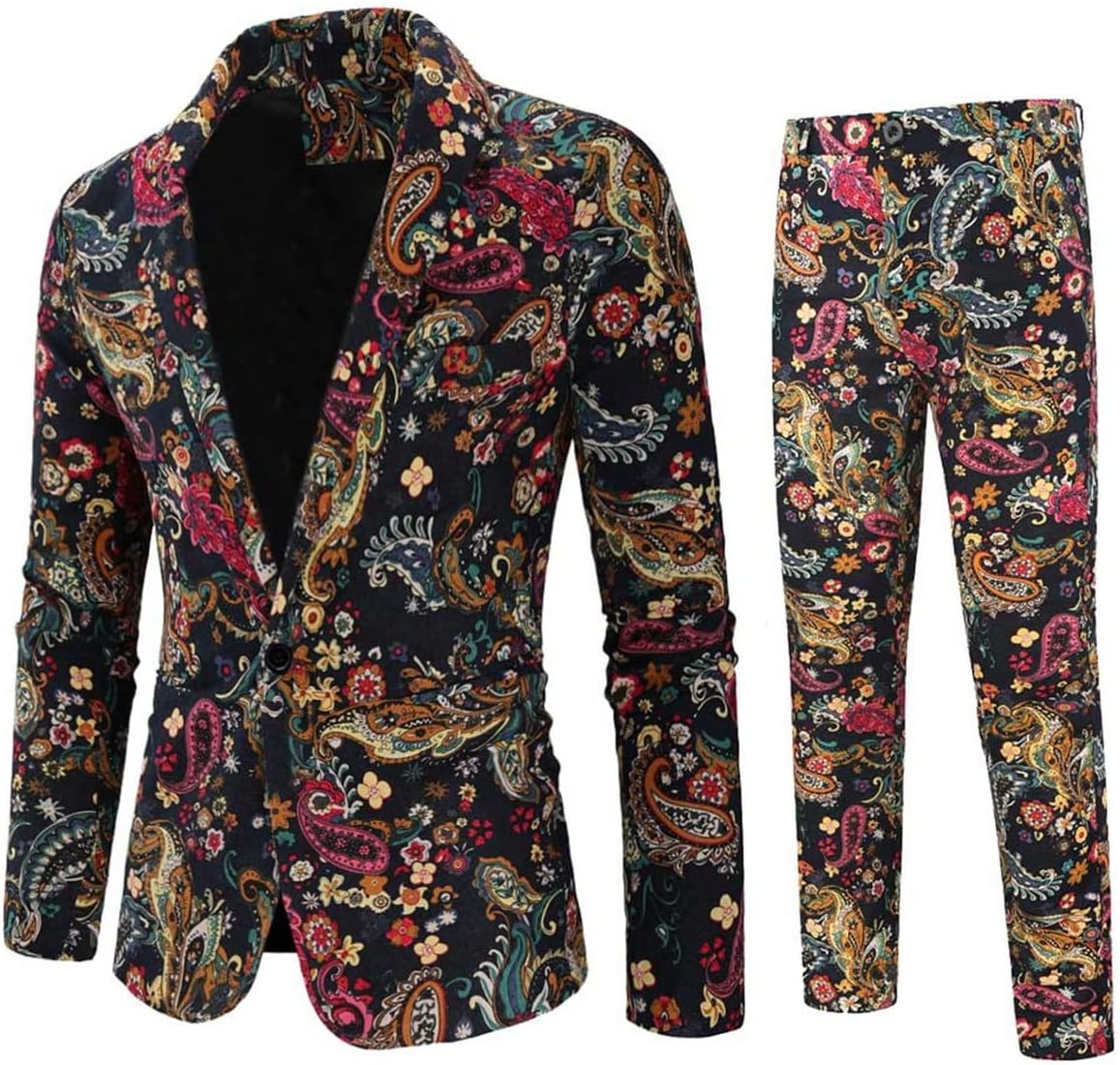 Cloudstyle Mens 2 Piece Print Suit Floral Party Dress Jacket Slim 2 Button Blazer Pants