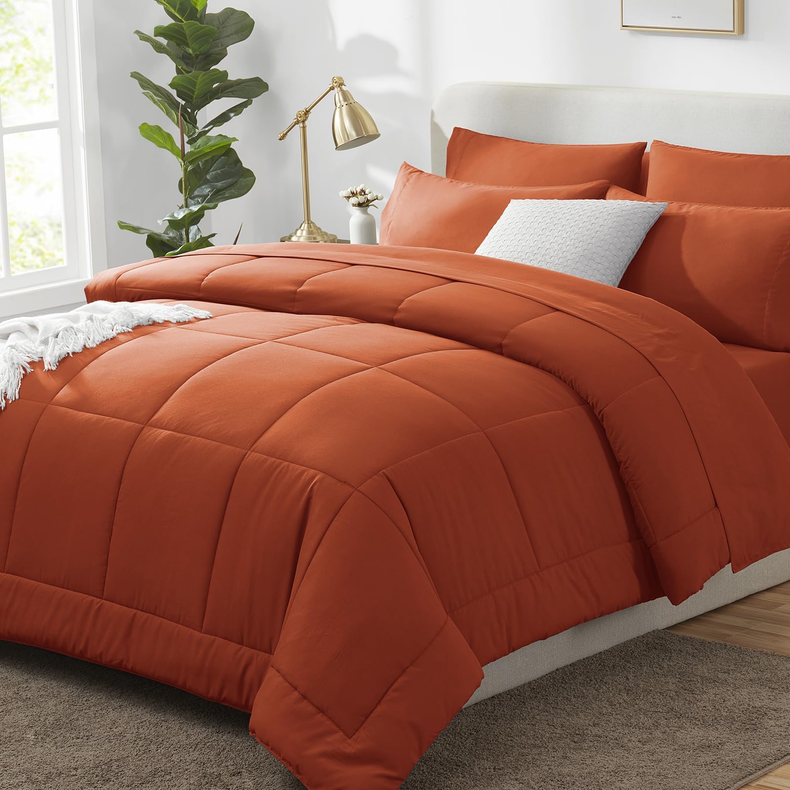 CozyLux Queen Comforter Set Terracotta, 7 Pieces Bed in a Bag, Burnt Orange Fall Comforters Queen Size, All Season Bedding Sets with Stitch Quilted Comforter, Flat Sheet, Fitted Sheet, Pillowcases