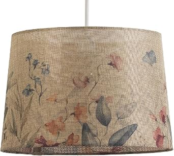 Beige Linen & Flowers Design Vintage Easy Fit Round Tapered Drum Shade | Clear Hard Lined | 30cm Diameter 12" | Reversible Gimbal | Pendants & Table Lamps | Fits All Lampholder Types E14 E27 B15 B22 [Energy Class F]