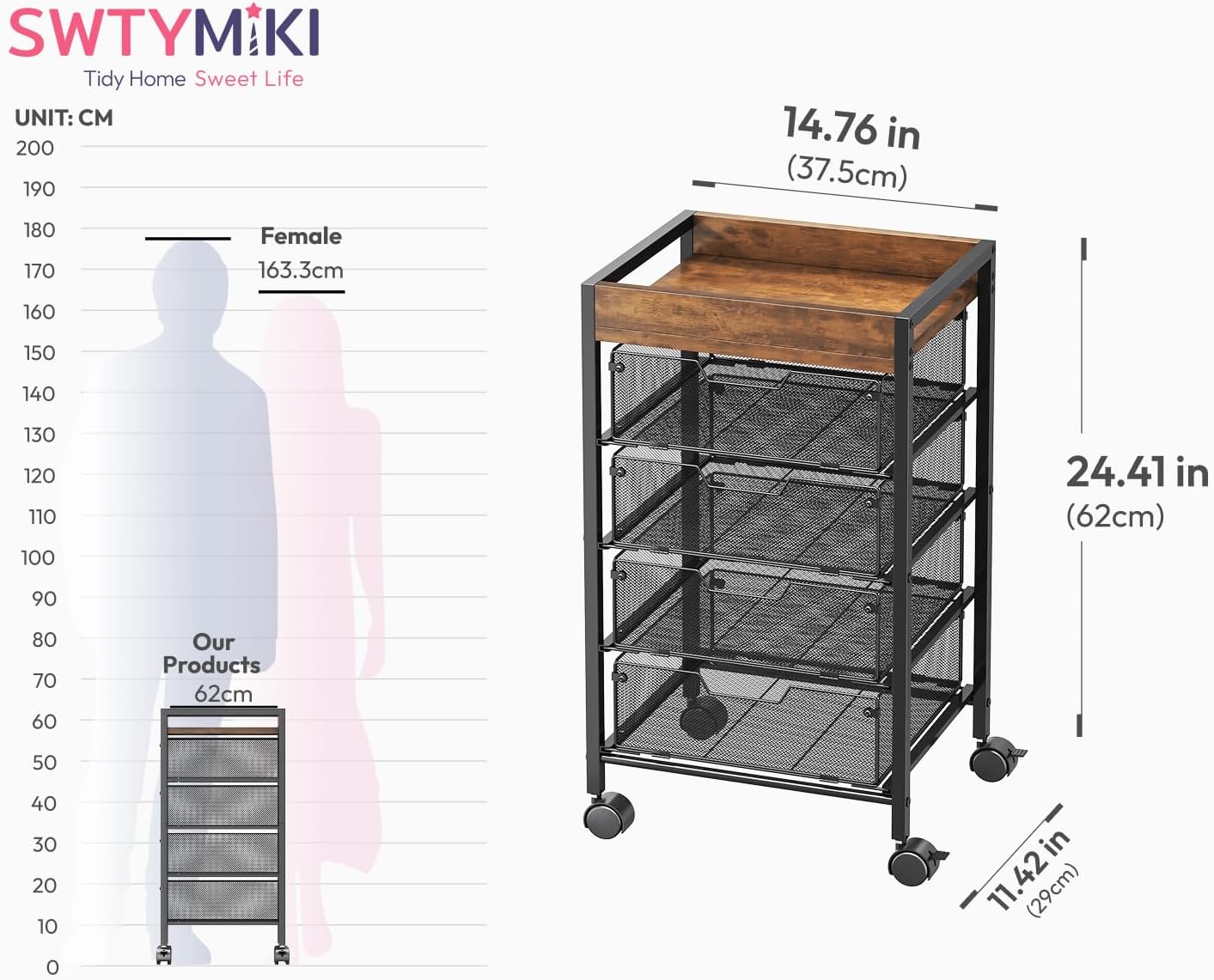 SWTYMIKI Rolling Cart with Drawers - Under Desk Storage Cart with Wheels, 4 Metal Drawers, Wood Top, Utility File Cart for Office Organization, Art, Craft, Classroom, Kitchen, Bedroom Espresso