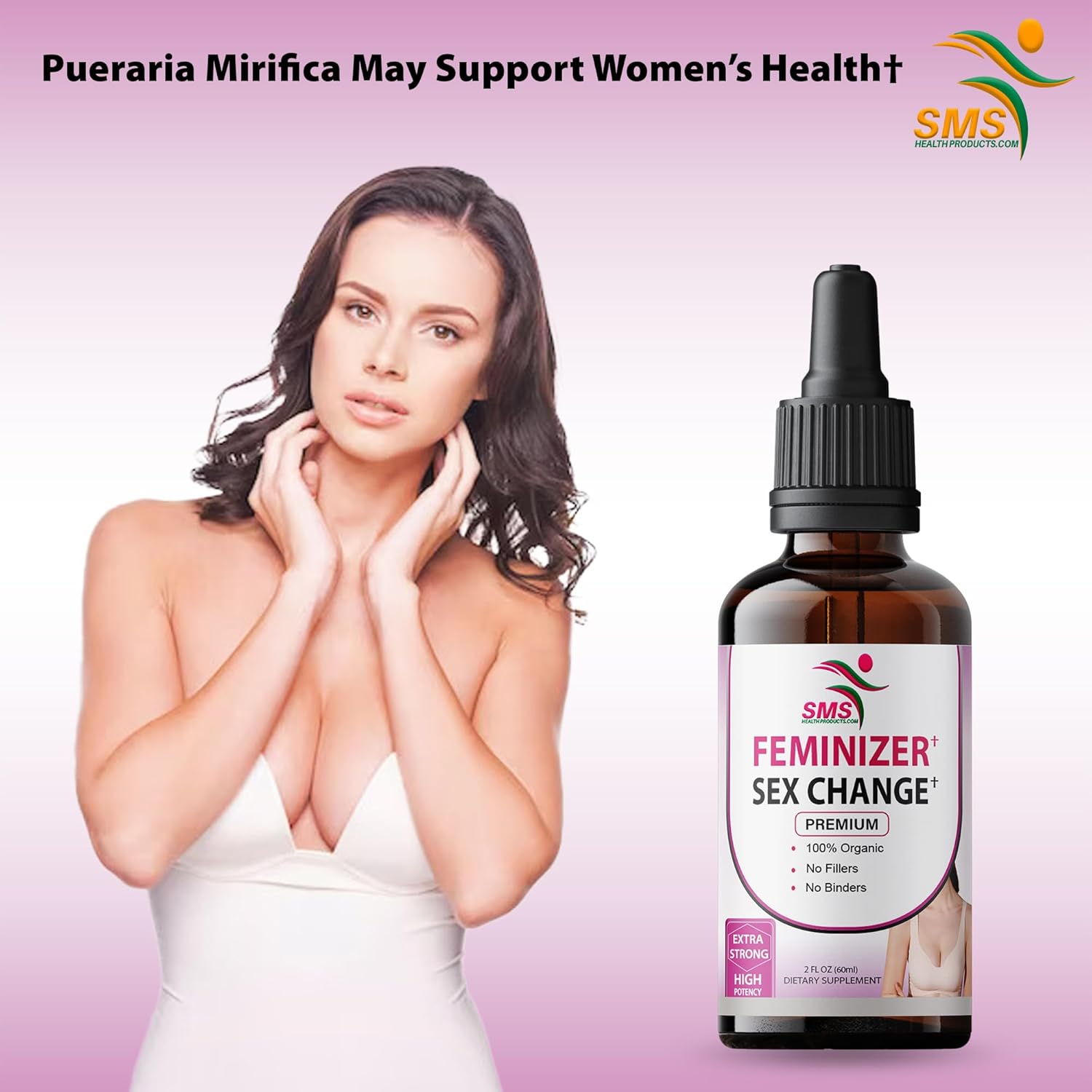Feminizer by SMS, Pueraria Mirifica Drops | Premium Grade | Herbal Liquid Extract | Non-GMO, Organic, Vegan, Alcohol Free Tincture | 4 Fl Oz (120ml) 2 Pack
