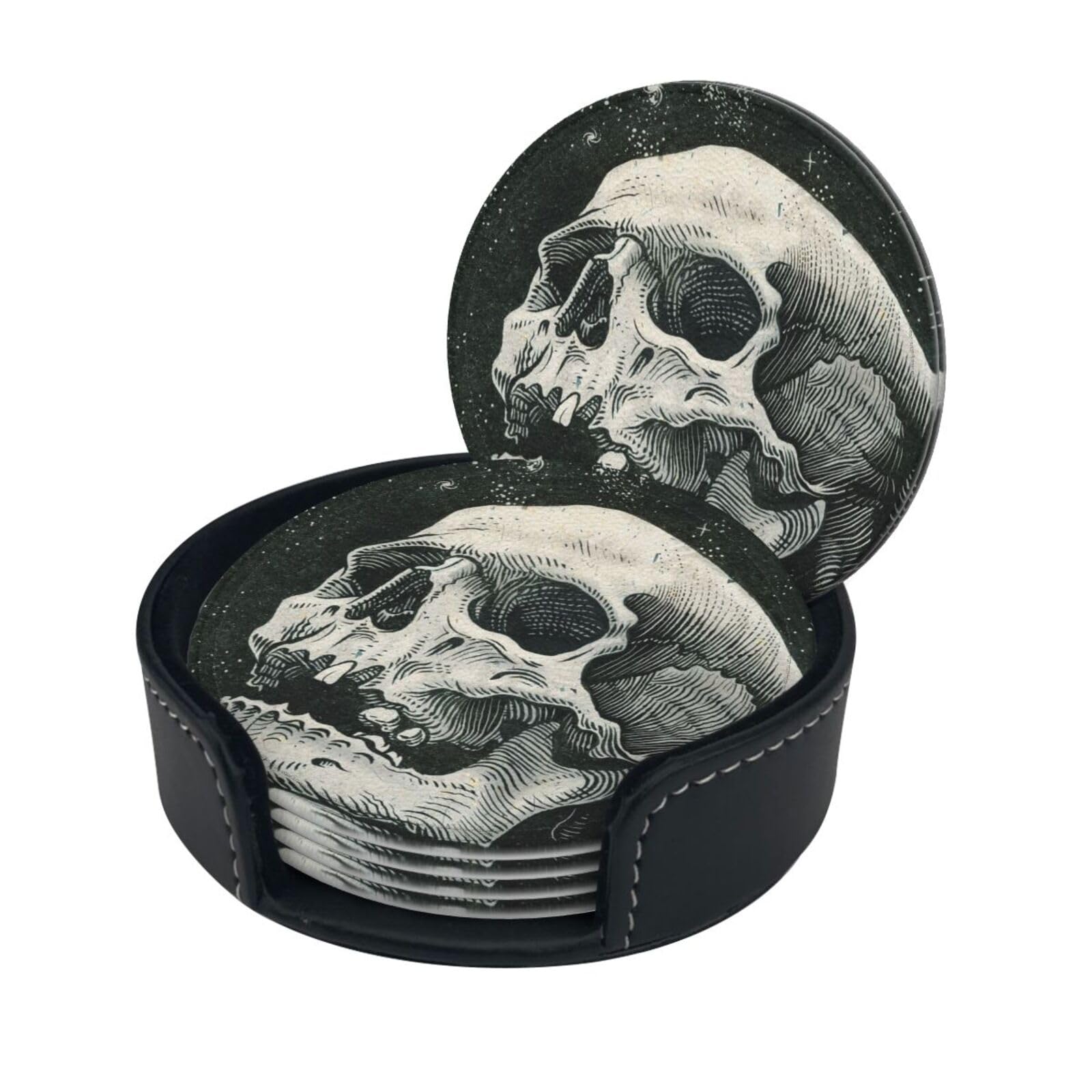 Wquvmds White Halloween Skeleton Skull Print Coasters For Drinks With Holder Set Of 6, Pu Leather Coasters Drink Coasters Cup Pad Mats
