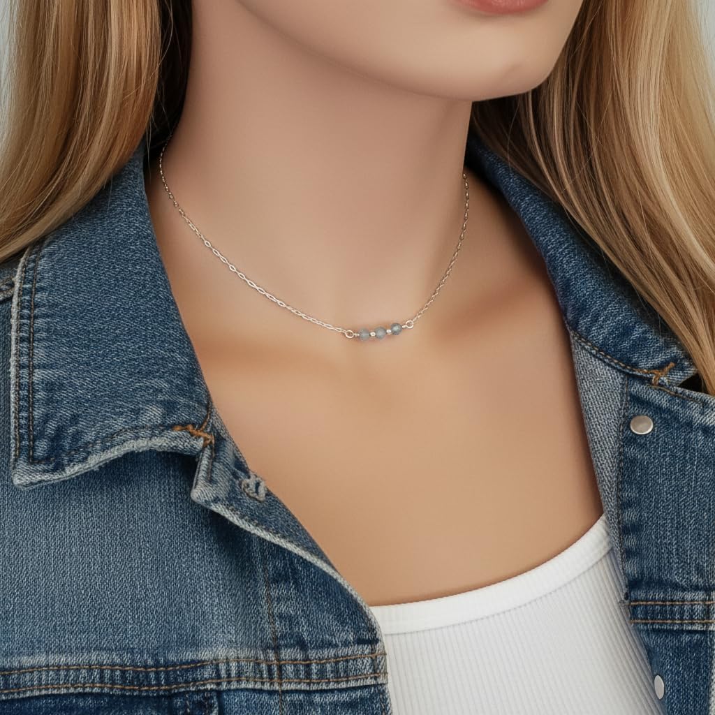 EnCharmed Sterling Silver Aquamarine Delicate Choker, Handmade Minimal Dainty Gemstone Necklace, Adjustable Length 14-17 Inches, March Birthstone - Image 2