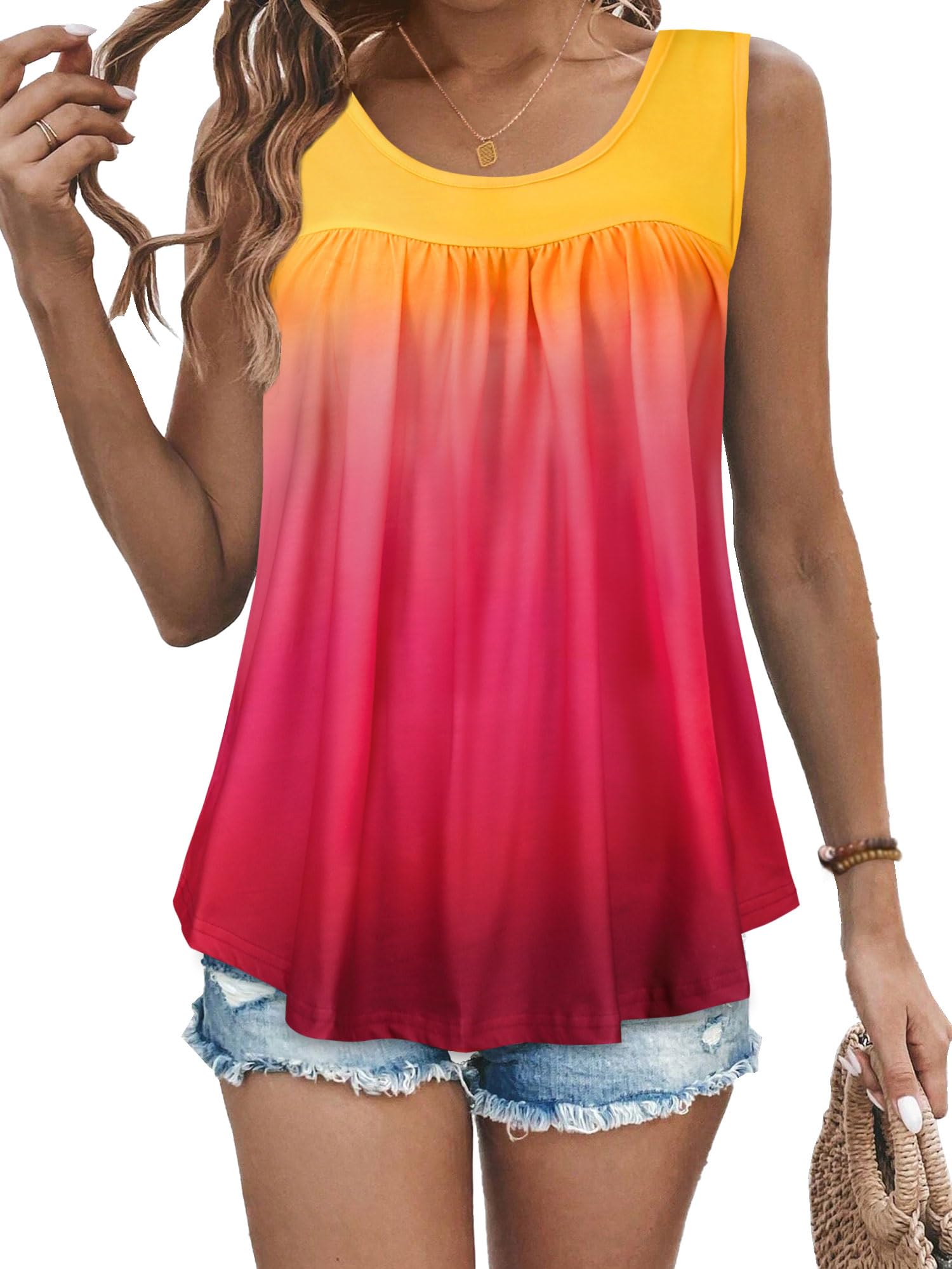 Womens Tank Tops Summer Sleeveless Blouse Crewneck Casual Loose Fit Tunic Shirt