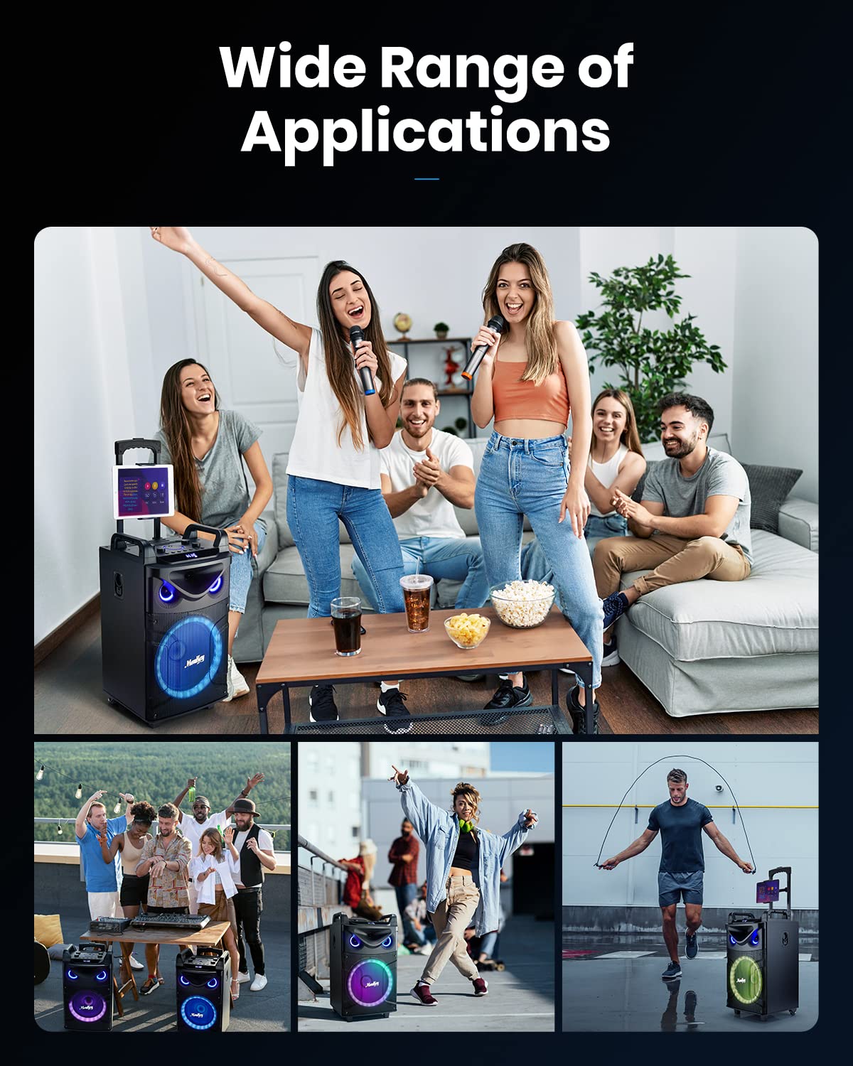 Moukey Casse Karaoke con 2 Microfoni wireless, Altoparlante portatile Bluetooth con Luci per feste, Regolazione di eco/alti/bassi, Woofer da 12 pollici Sistema PA Supporto TWS/REC/AUX IN/MP3/USB/TF/FM