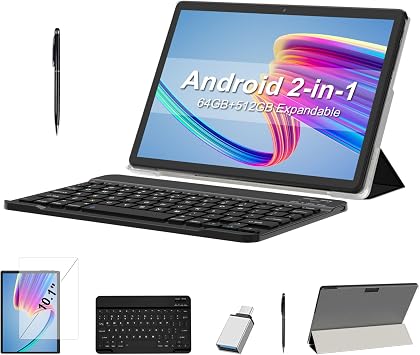 2025 Android 12 Tablets 10.1 Octa-Core 2 in 1 Tablet 64GB + 512GB Expand Include Case, Keyboard, Stylus, 13+5 Dual Camera, IPS FHD 1920 * 1200 Display, GPS, Bluetooth, Google Certificated