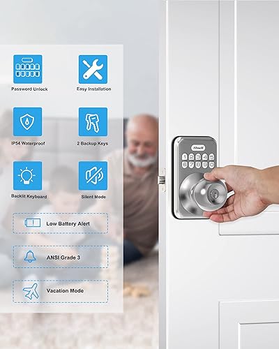 Miniatura 10 de Zowill Cerradura de puerta de entrada sin llave con perilla  Cerradura inteligente con teclado electrónico, cerradura inteligente, juego de
