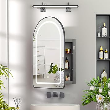 Bathroom Mirror Cabinet with Led Lights,Arched Bathroom Cabinets with Mirror,Illuminated Bathroom Cabinet with Light,3-Color Led Mirrored Cabinet Wall Mounted with 2 Glass Shelves,51x80 cm