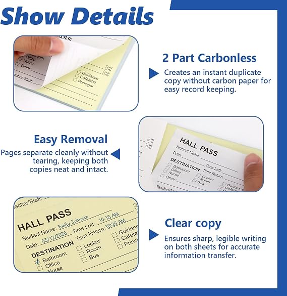 400 PCS Student Hall Pass Slips with Carbonless Duplicates Hall Passes Book Tear Removable Student Pass Notepad Carbon Copy Tracking Log Book for Students School Classroom Passes Use (1)