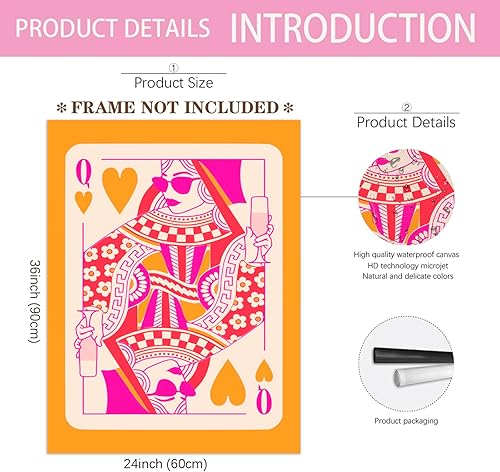 Miniatura 9 de JCFOAS Lienzo moderno retro con diseño de reina de corazones, arte de pared en lienzo rosa y naranja, decoración de habitación, estética, hippie,
