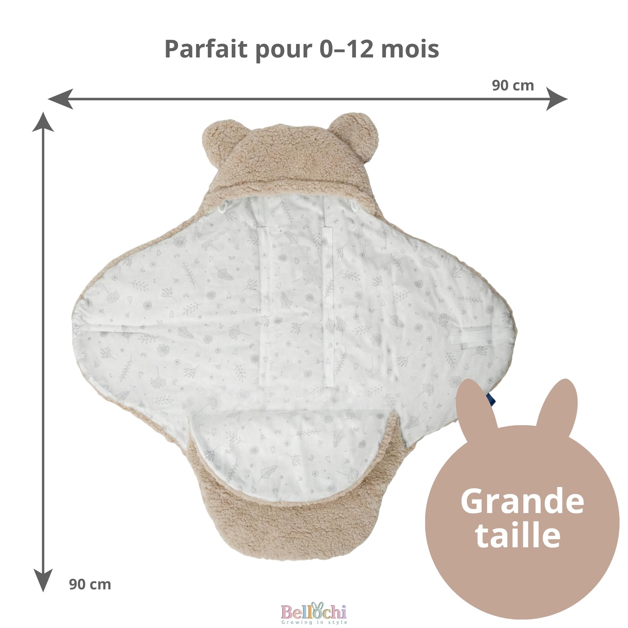 BELLOCHI couverture emmaillotable bébé - Marron - couverture poussette-siège auto - 90x90 cm - coton doux Oeko-TEX