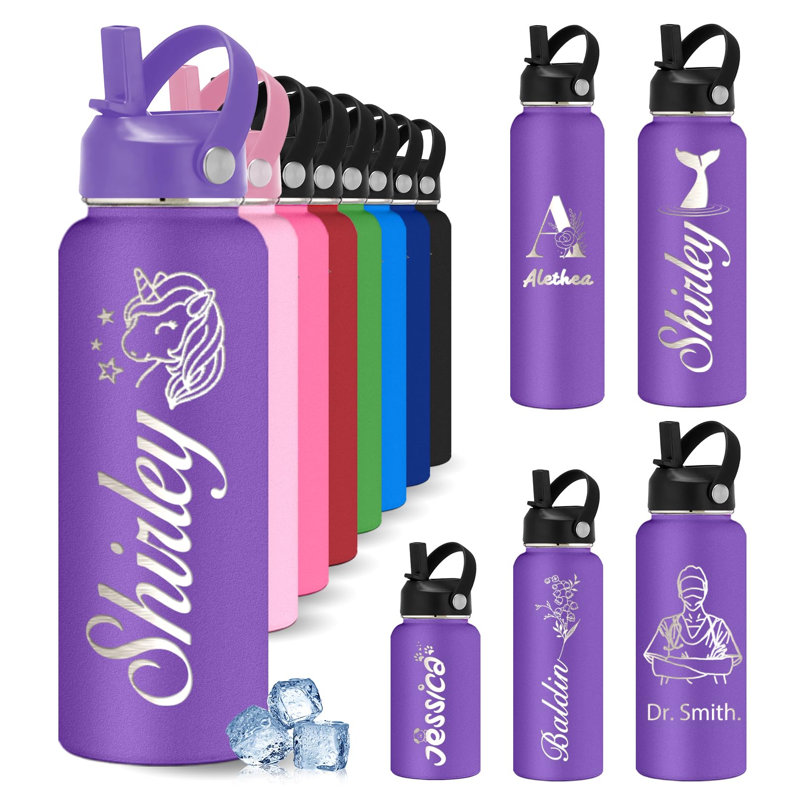 YoLLiEE Custom Personalised Water Bottles for Kids with Straw 12 18 24 32 40 oz Customised Engraved Insulated Stainless Steel Water Bottles with Name, Purple Icon Style
