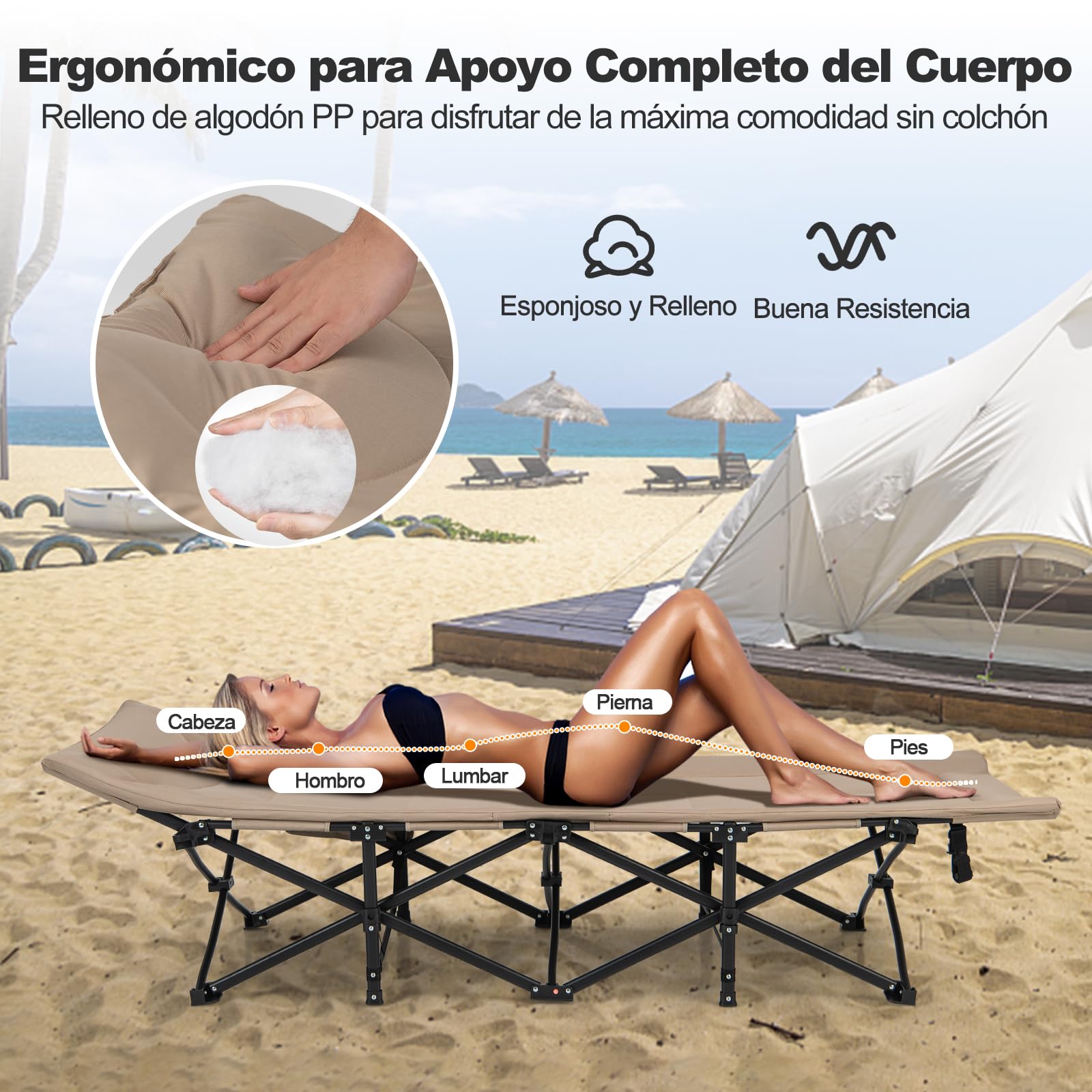 GOPLUS Cama de Camping Plegable, Cama Portátil con Soporte de Metal Sólido, Colchón Cómodo, Bolsa de Transporte, Bolsillo Lateral y Pies Antideslizantes, 190 x 68,5 x 48,5 cm, Carga 200 kg (Caqui)