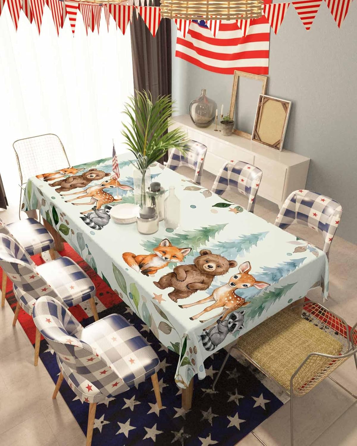 Children's Day Waterproof Table Cloth Cartoon Animal Elephant Zebras Fox Giraffe Leaf Beige Waterproof & Wrinkle Table Cover, Washable Polyester Soft Fabric Table Cloth for Outdoor Indoor Parties