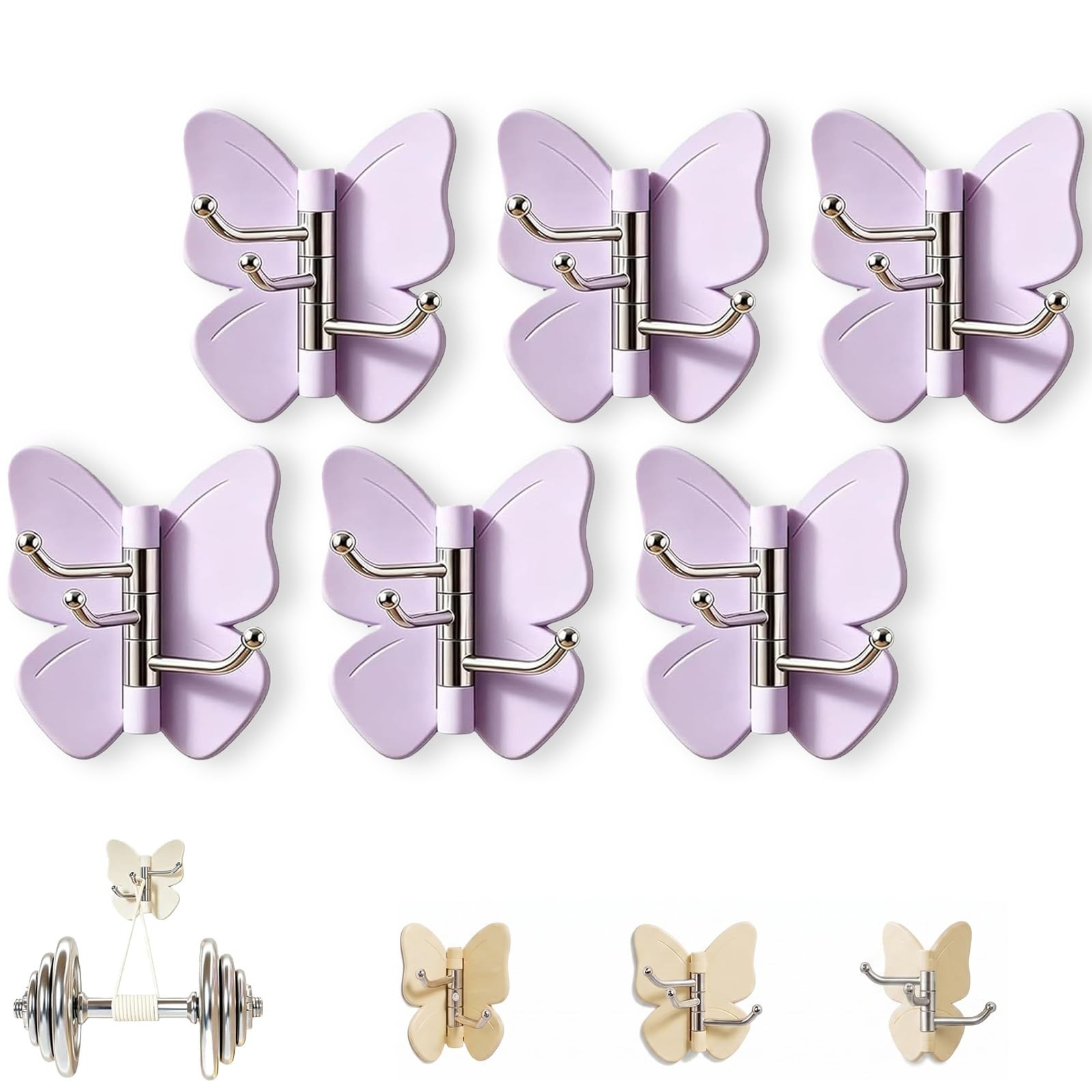GHRKLP Rotating Butterfly Adhesive Wall Hooks, Cute No-Drill 3-Prong Swivel Hangers with Adjustable Wings,Saving Hooks for Inner & Outer Corners,for Dorm Entryway(Color C,6pcs)