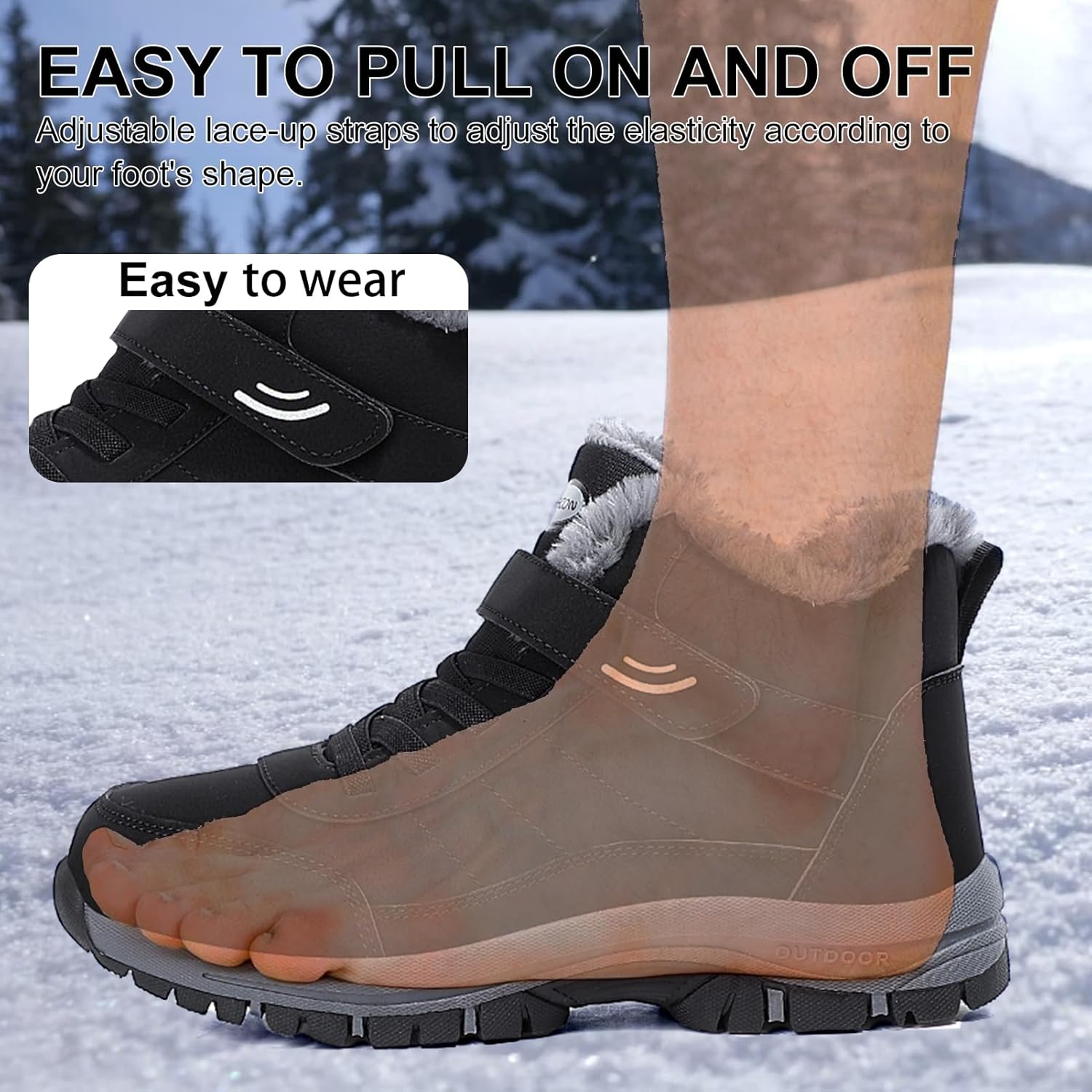 Snow Boots for Men, Mens Outdoor Water-Resistant Hiking Boots with Furry Cuff, Non-Slip Warm Snow Boots for Men, Durable with Lace and Velcro Strap - Image 4