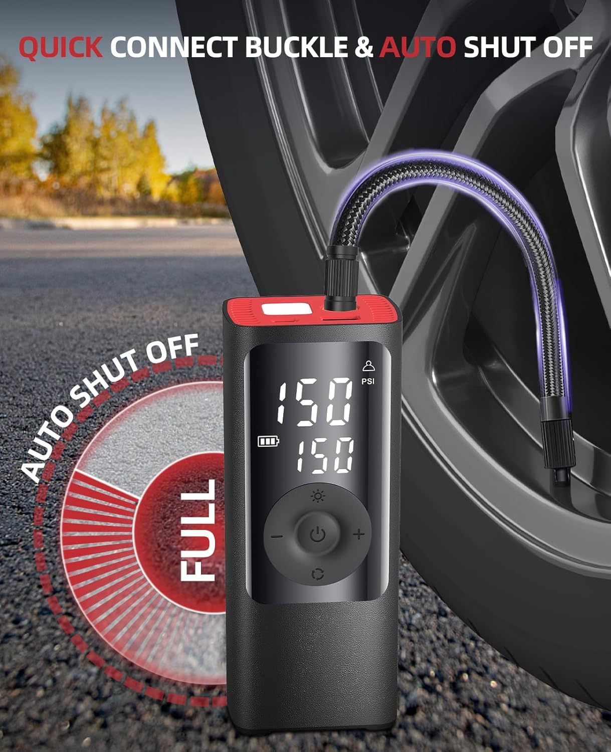 BDO Tire Inflator - Portable Air Compressor, 2.5X Faster 150PSI Cordless Tire Inflator, Tire Air Pump with Dual LCD Display, Auto-Shutoff, Air Compressor for Car, Motorcycle, Bike, Ball（Black）