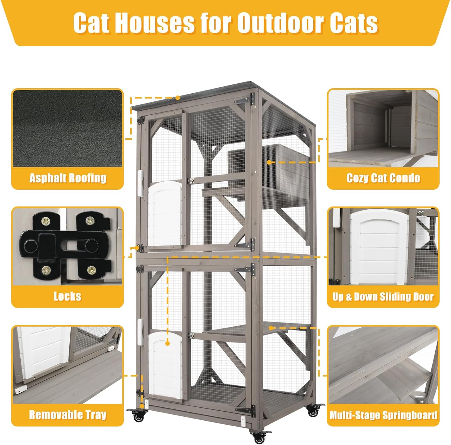 review Catio Large Wooden Cat House Outdoor Indoor Cat Enclosures On Wheels, Wooden Kitty House Shelter Outside with Resting Box, Waterproof Roof (Grey, 29