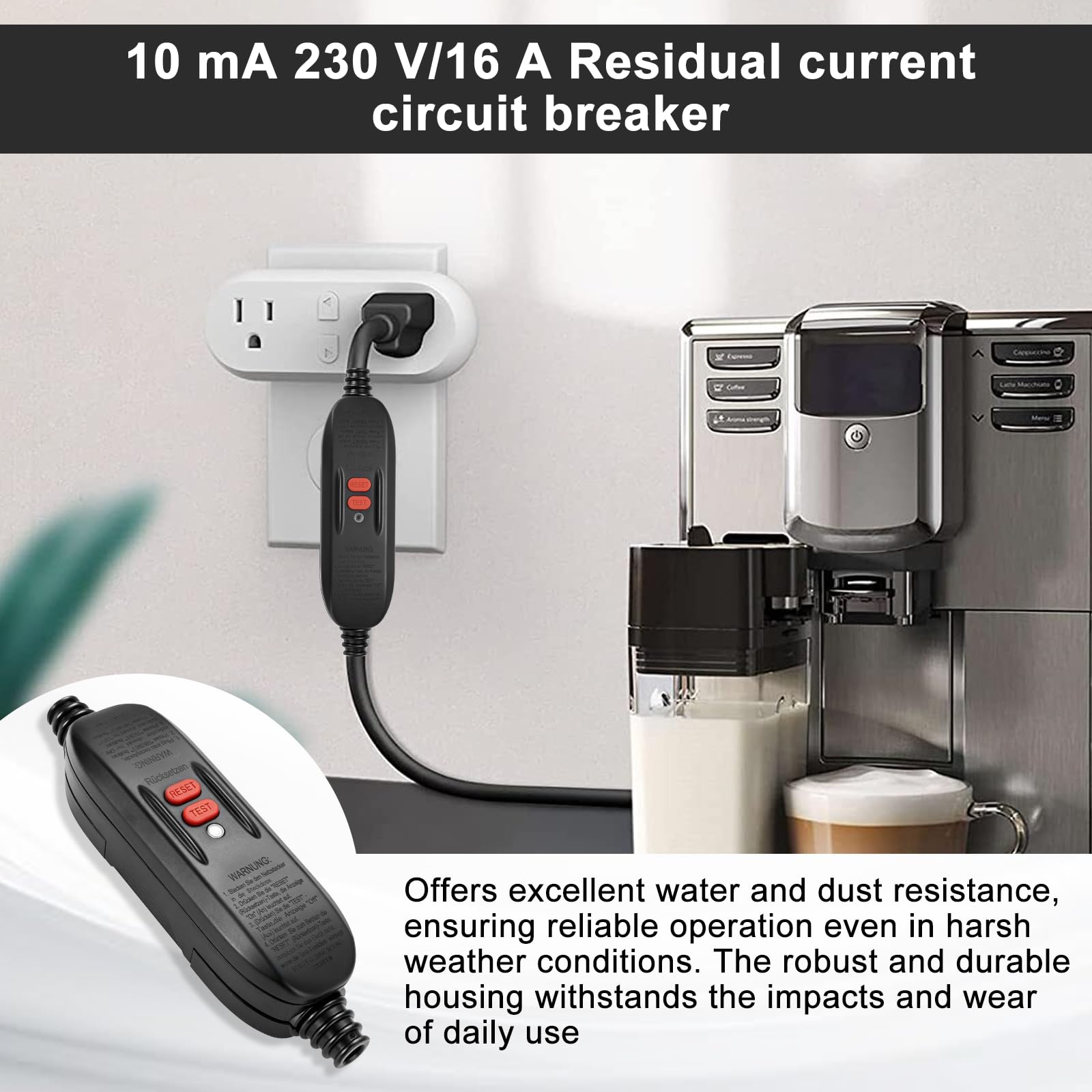 PRCD FI Schutzschalter 10 mA 230V/16A,Personenschutz Zwischenstecker IP66, Fehlerstromschutzschalter für Außenbereich, Kabelanschluss beidseitig